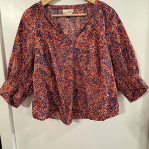 Universal Thread Floral V-Neck Blouse - Red and Blue